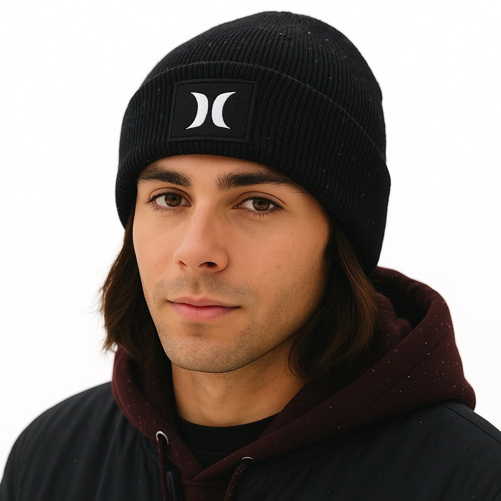 Hurley Speckled Verse Knit Cuffed Beanie Logo Patch Black One Size
